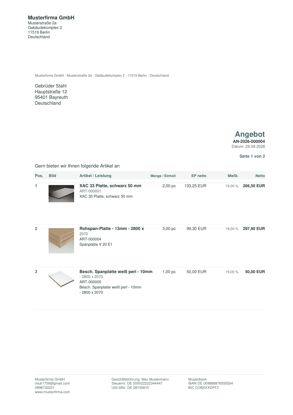 Beispielangebot aus Strikeline mit Positionen und Summen